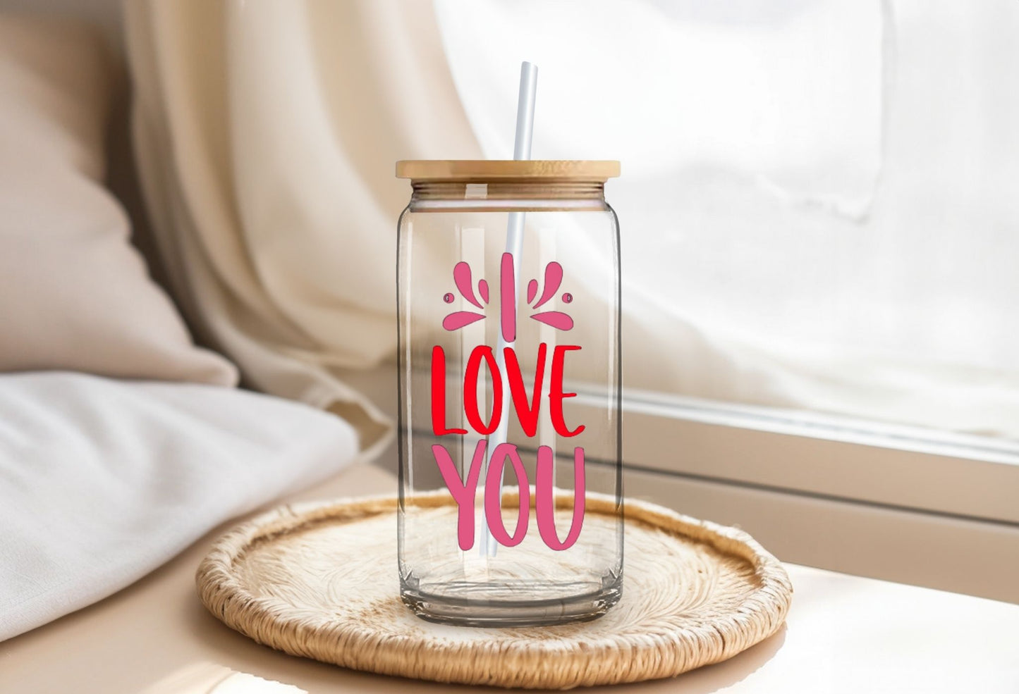 I Love You Glass Cup w/ Straw